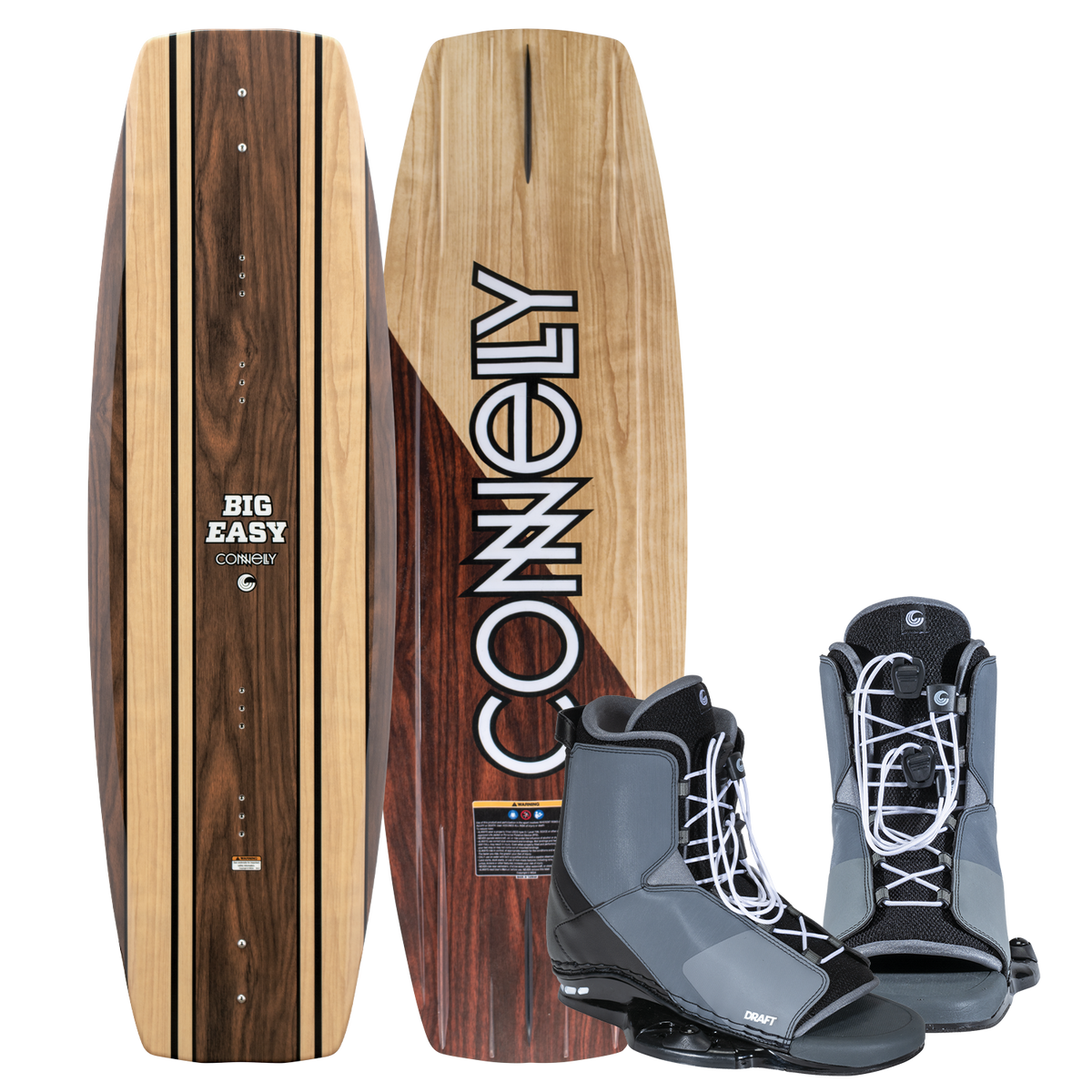 Big Easy wakeboard features a woodgrain design with black accents, with gray and black Draft bindings.