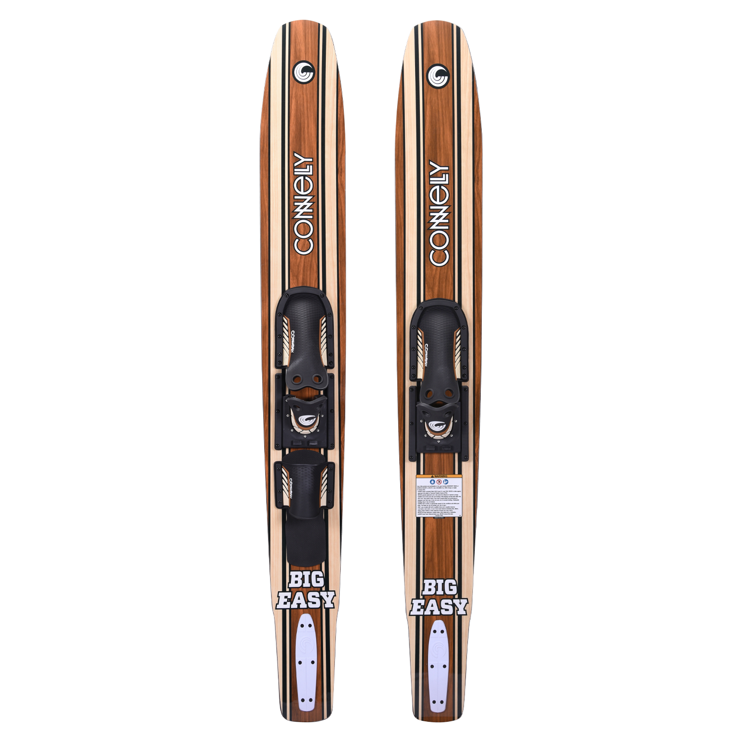 Pair of Connelly Big Easy combo skis with bindings, showcasing a retro woodgrain aesthetic.