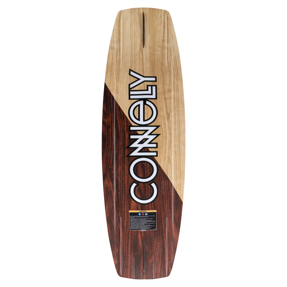 Bottom of the Connelly Big Easy wakeboard, featuring a brown and tan contrasting woodgrain pattern and large logo.