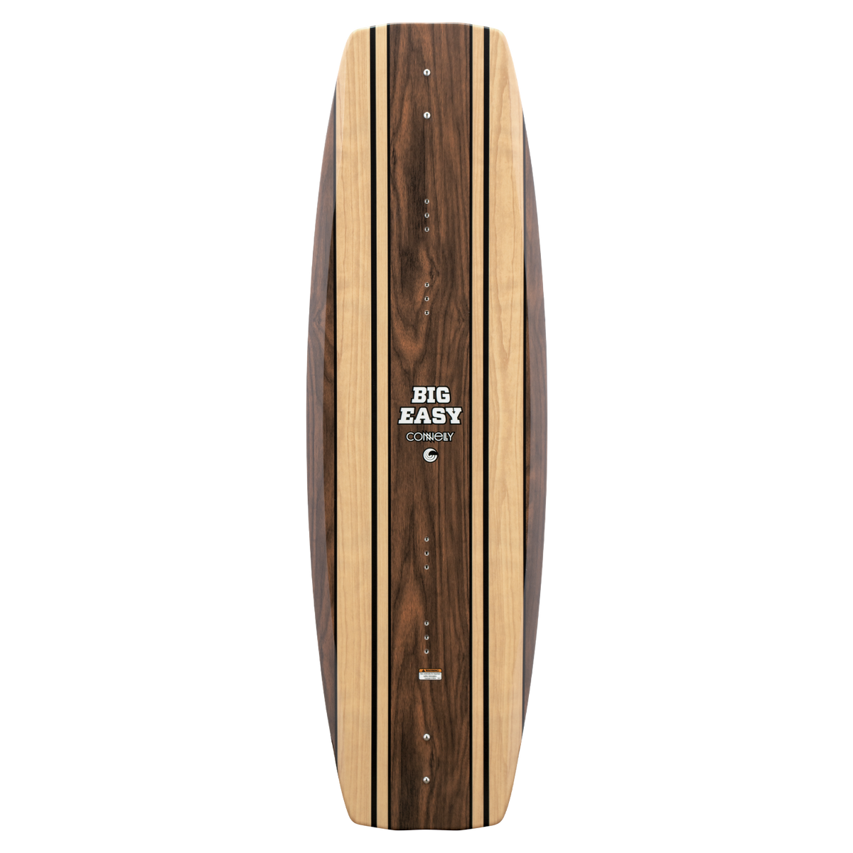 Top view of the Connelly Big Easy wakeboard, featuring a woodgrain design and "Big Easy" branding.