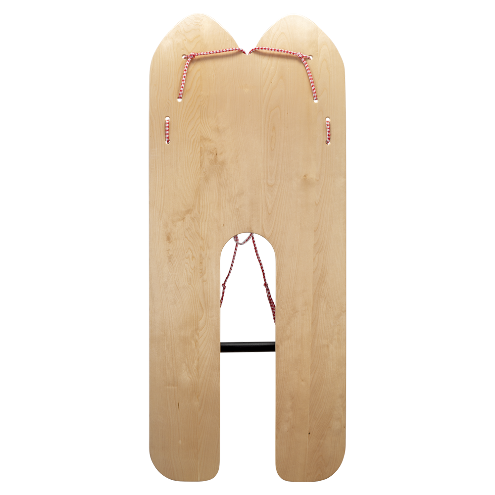 Base view of the Firecracker water skis showing a natural wood finish, a split-tail design, and red-and-white rope handles.