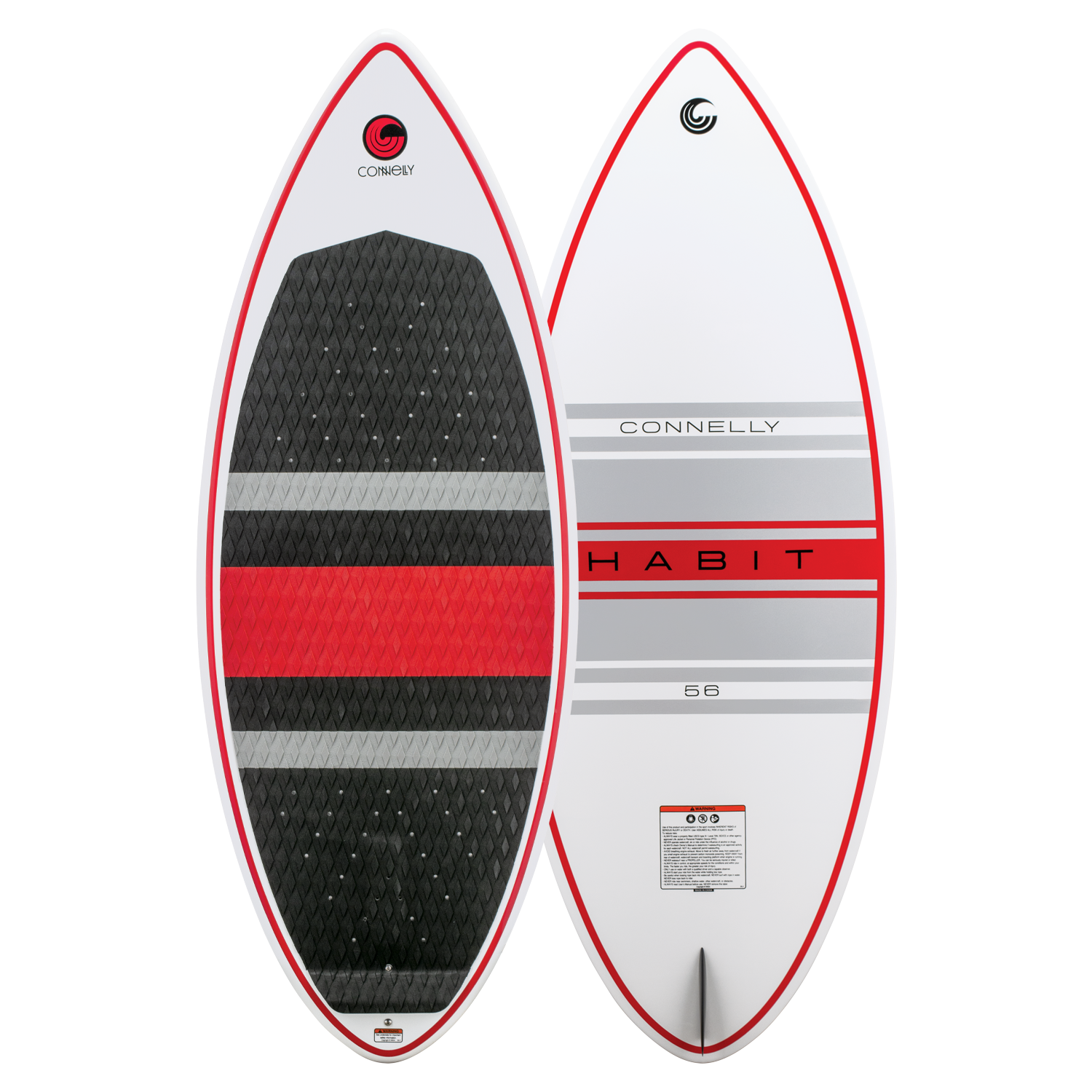 Front and back views of the HABIT Skim wakesurf board, showing the traction pad, logo, and single fin setup.