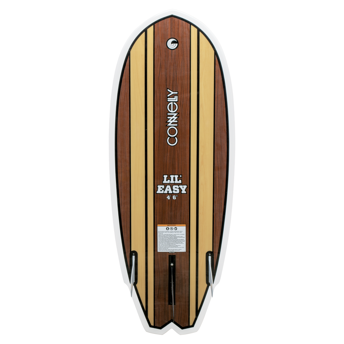 Base view of the Lil Easy wakesurf board, showcasing the woodgrain design, black fin box, and "Lil Easy 4‚Äô6‚Äù" branding.