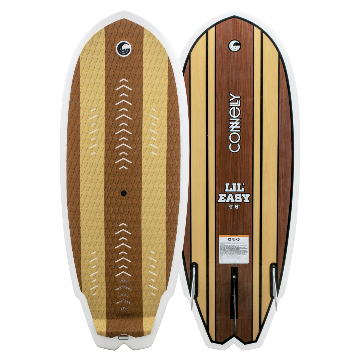 Top and base view of the Lil Easy wakesurf board, displaying the textured deck and woodgrain bottom.