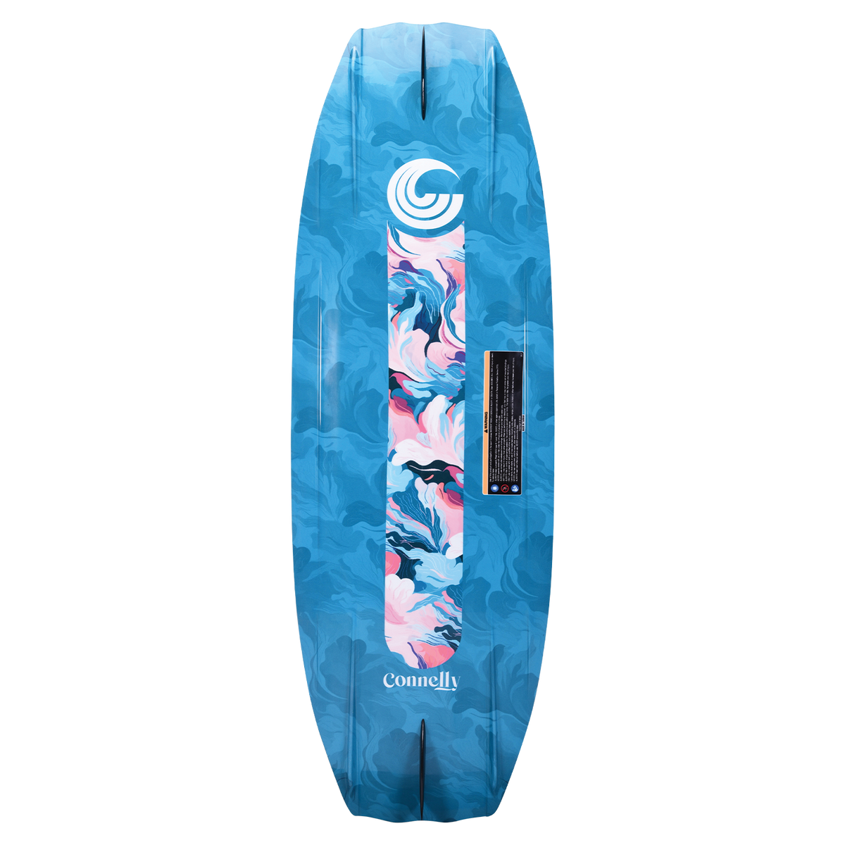 Bottom view of the Lotus wakeboard, featuring a deep blue base with a pink and navy marbled graphic and Connelly logo.