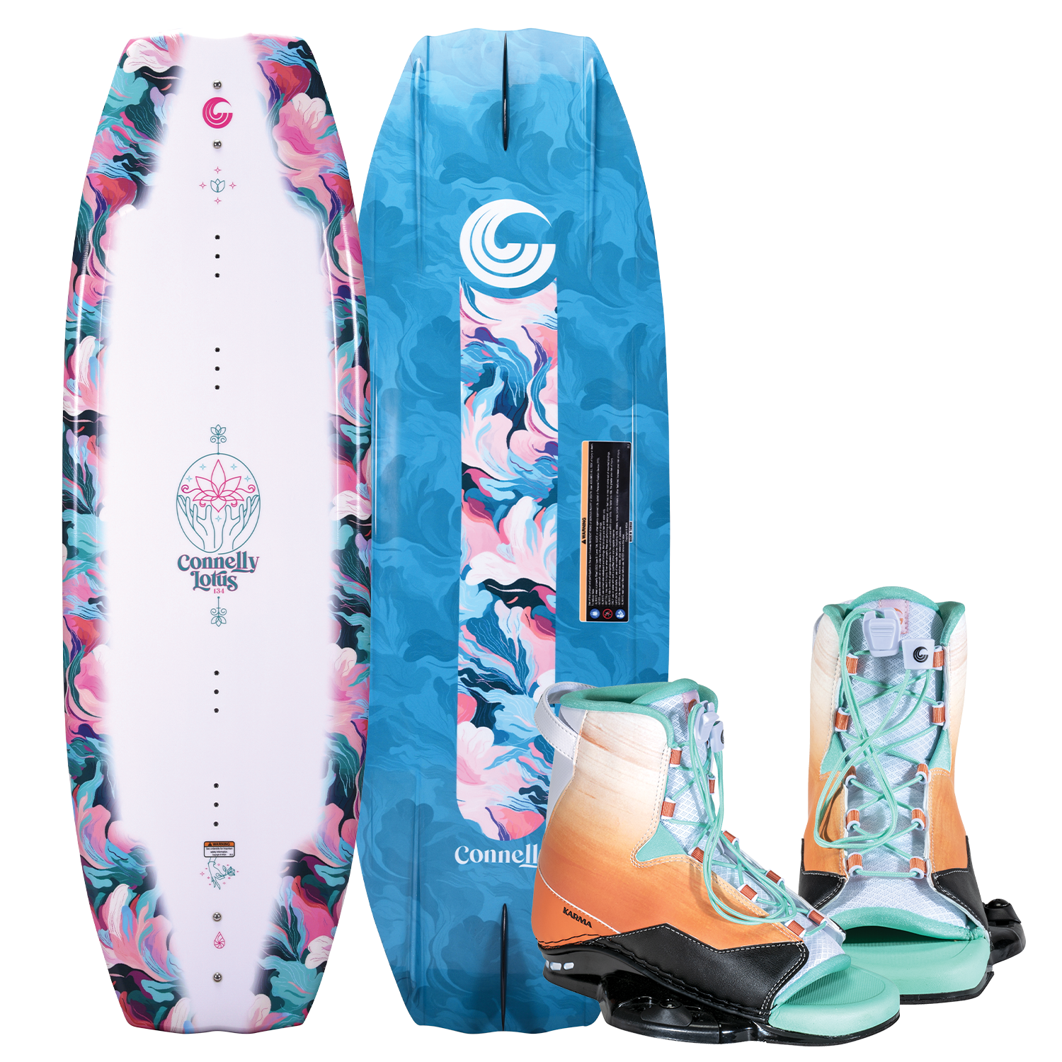 Top and bottom view of the Lotus wakeboard with Karma bindings, with a white and marbled deck, blue base, and pastel-toned boots.
