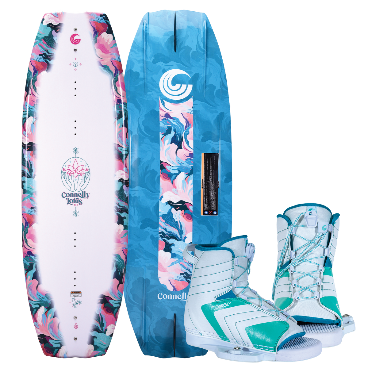 Lotus wakeboard with Optima bindings, featuring a white and marbled deck, blue base, and teal and white open-toe boots.