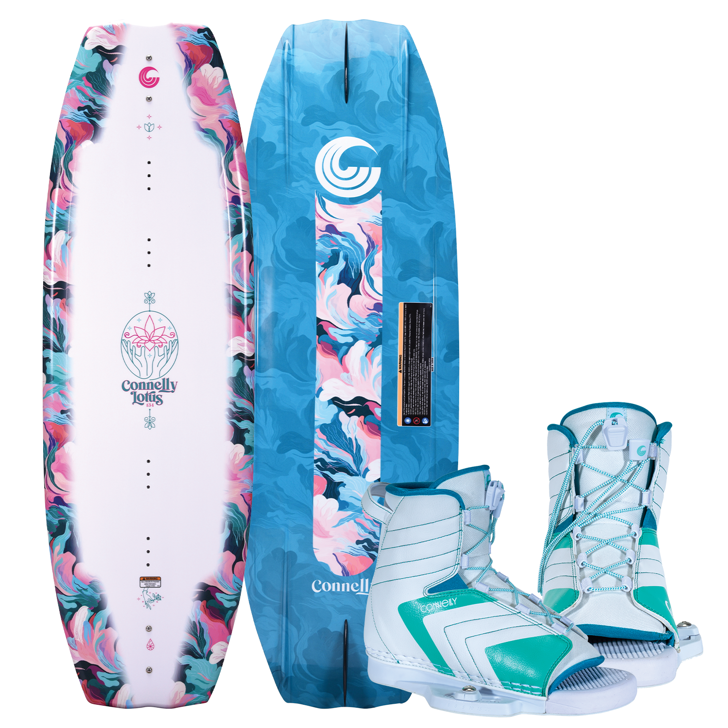 Lotus wakeboard with Optima bindings, featuring a white and marbled deck, blue base, and teal and white open-toe boots.