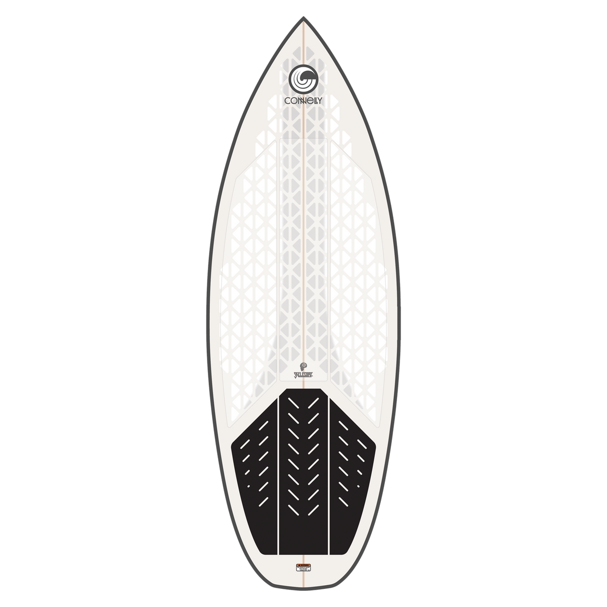 Connelly Ono wakesurf board top view with a gray, black, and white design and durable traction surface.