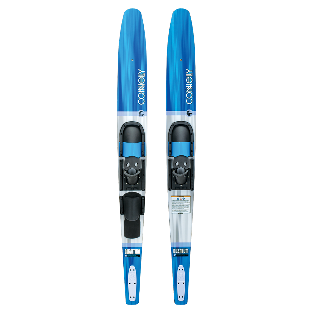 Front view of the Quantum combo water skis, featuring a blue and white design with adjustable bindings and a stabilizer bar.