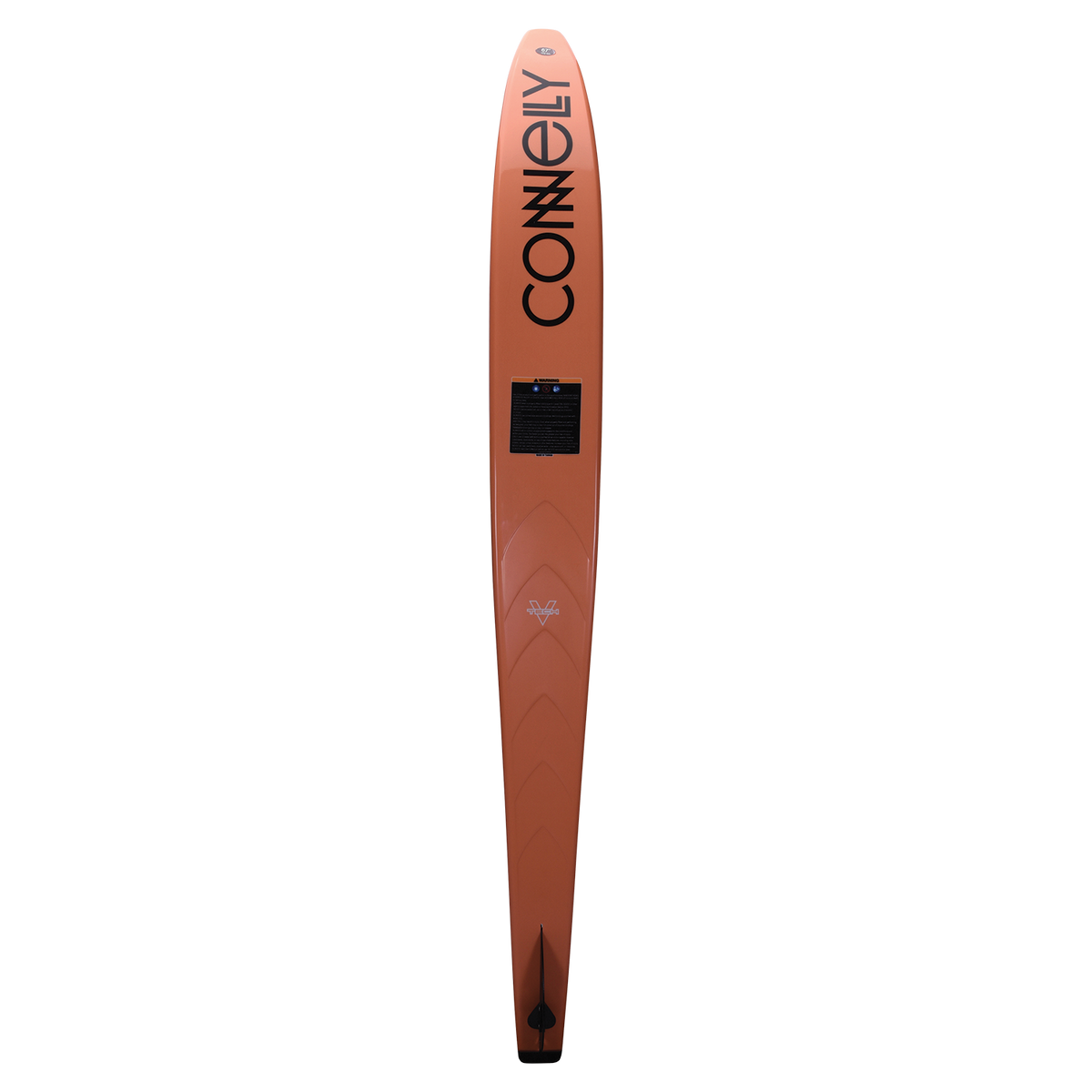 Base view of Rocket with a bold orange finish, branding, and an optimized ski bottom for enhanced tracking and stability.