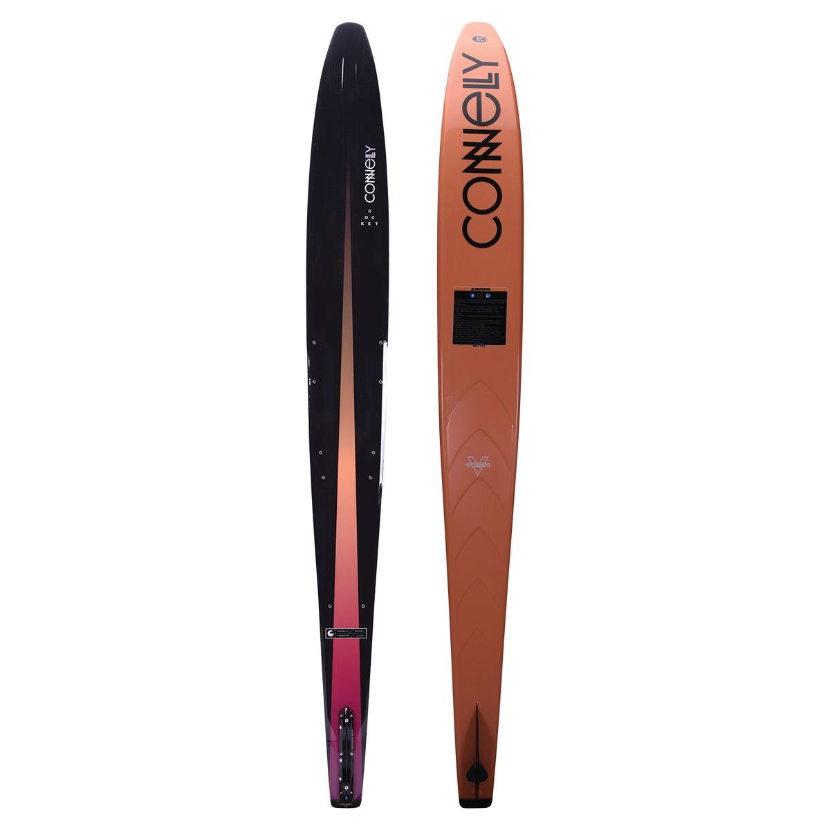 Top and base of Rocket water ski, featuring a sharp black-to-orange gradient finish with a logo and a tapered profile.