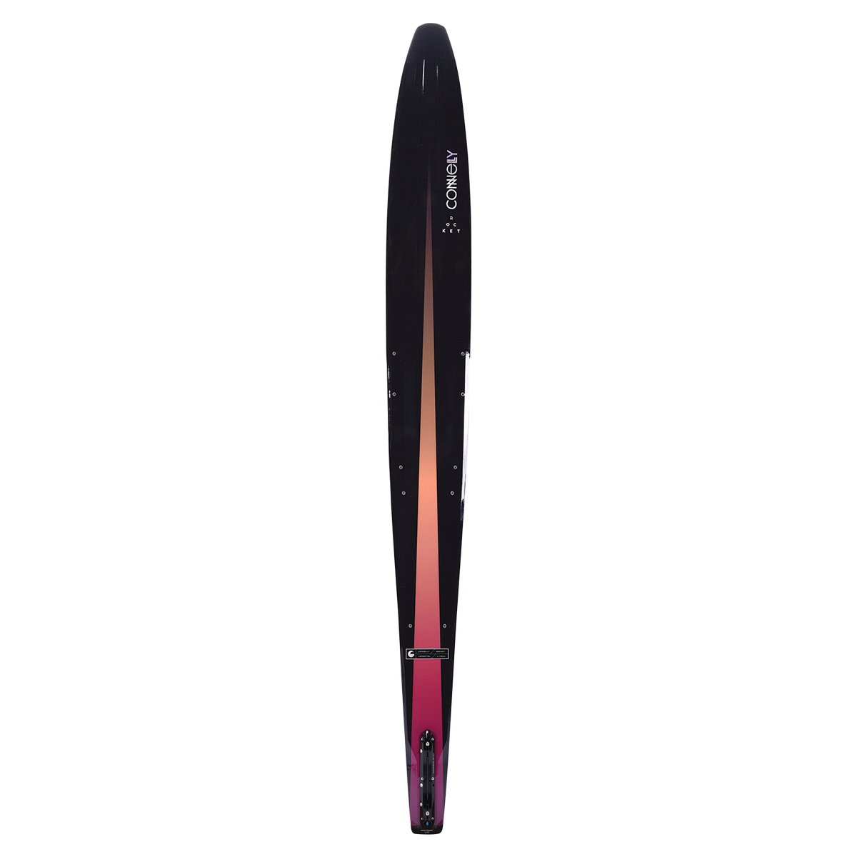 Top view of Rocket ski with a sleek black-to-orange gradient design, precision placement inserts, and streamlined shape.