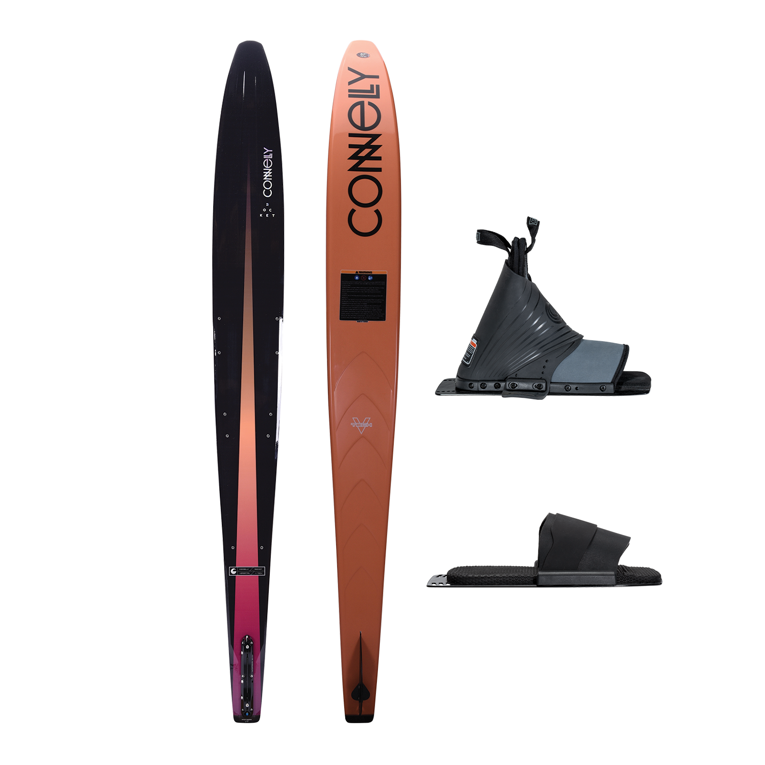 Top and base view of the Rocket ski with a black-to-orange gradient design, paired with a Comp front boot and Pivot RTP.