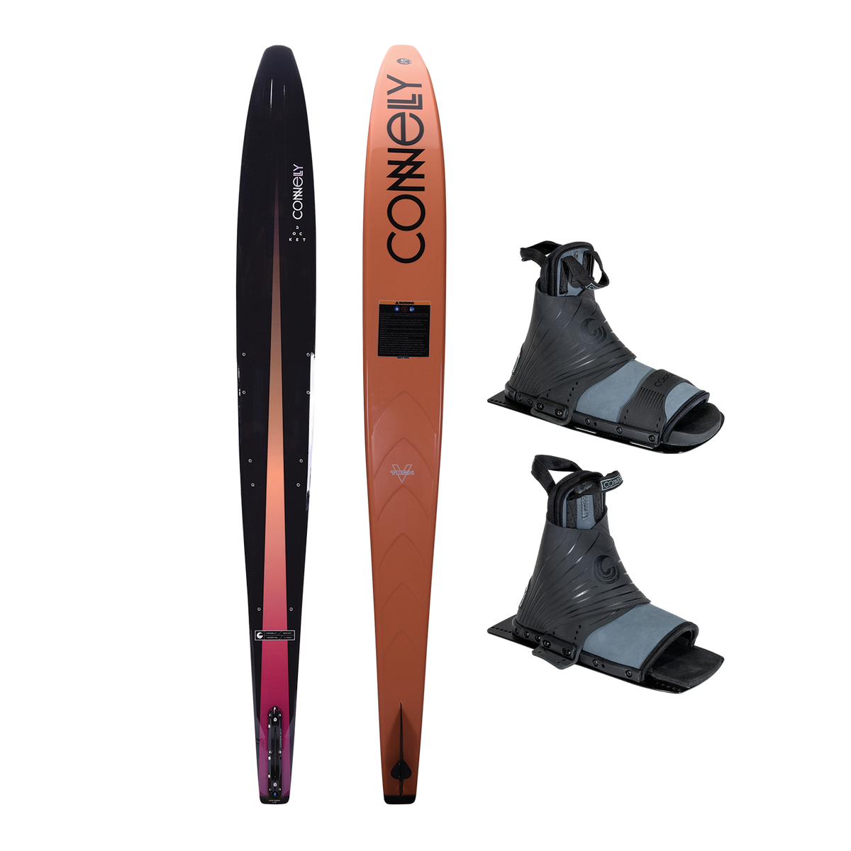 Rocket water ski with Double Comp Boots, featuring a sleek black-to-orange gradient design and durable adjustable bindings.
