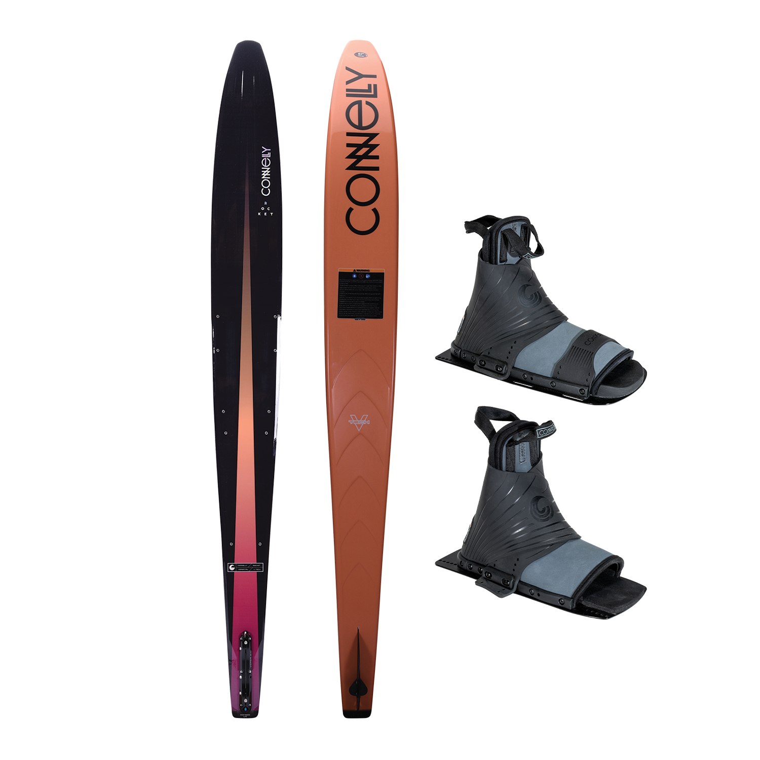 Rocket water ski with Double Comp Boots, featuring a sleek black-to-orange gradient design and durable adjustable bindings.