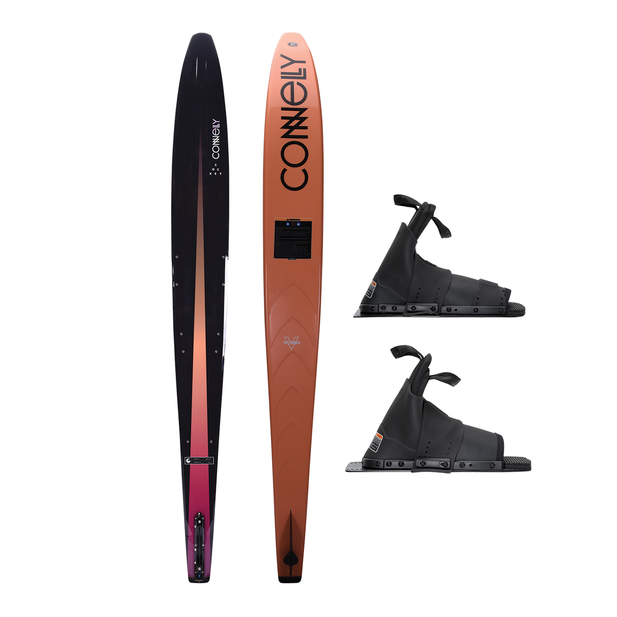 Rocket water ski with Double Stoker Boots, featuring a sleek black-to-orange gradient design and durable black bindings.
