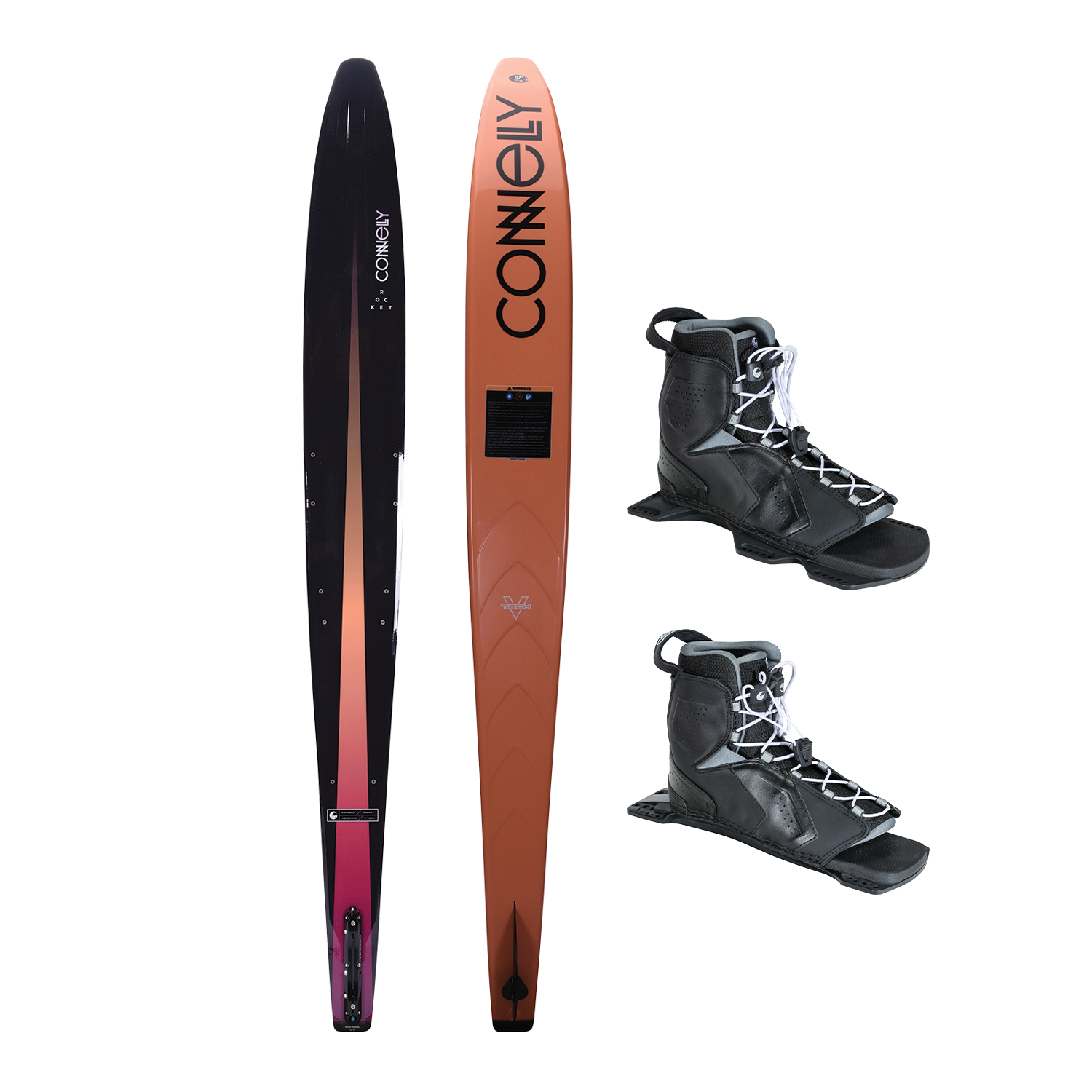 Top and base view of the Rocket ski with a black-to-orange gradient and bold lettering, paired with black Tempest boots.