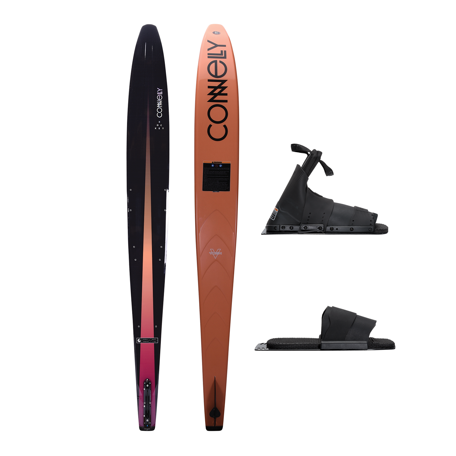 Top and base view of the Rocket ski with a black-to-orange gradient design, paired with a Stoker front boot and Pivot RTP.