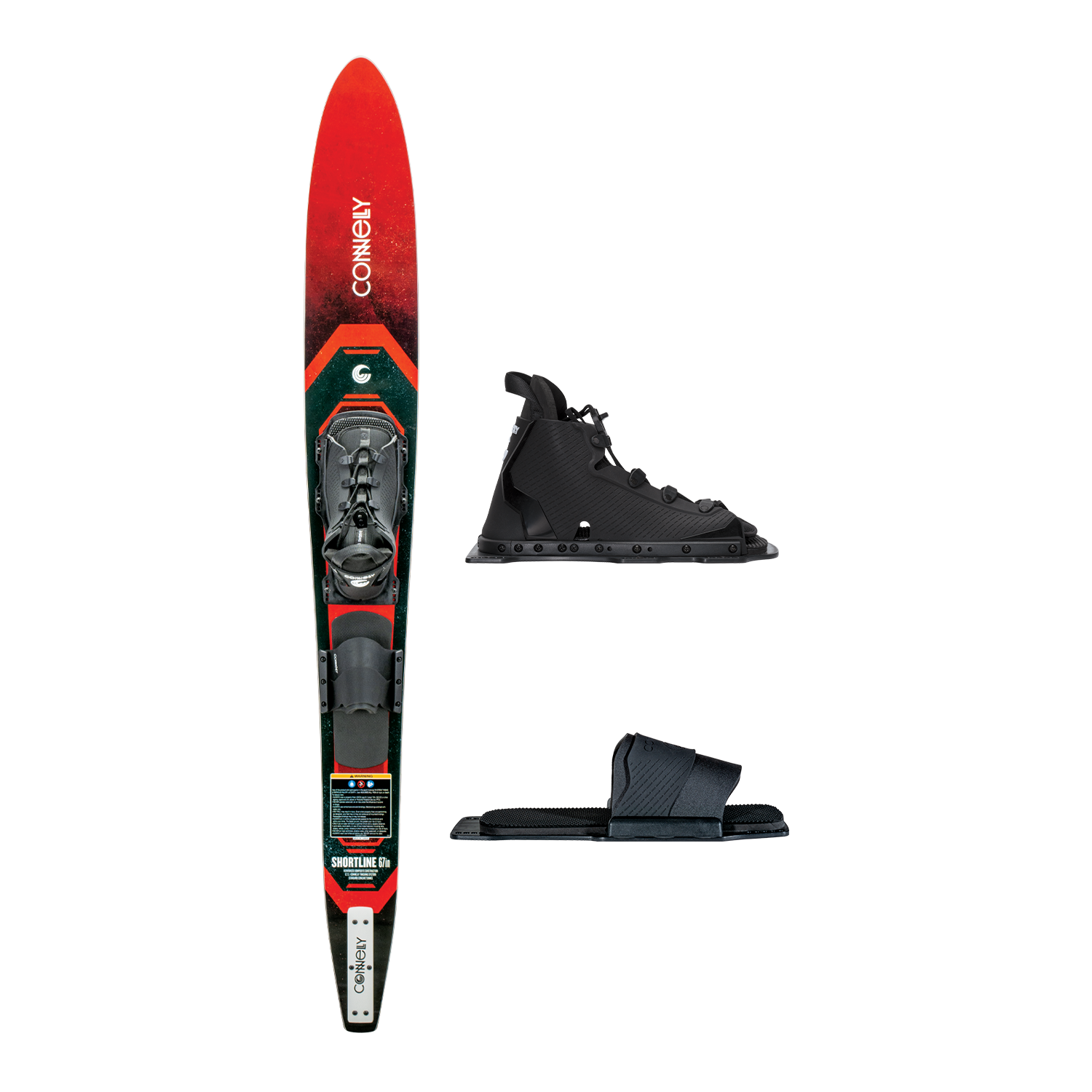 Shortline ski with Swerve Front Boot and Swerve RTP, with a red-to-black gradient design, shown with side views of boots.