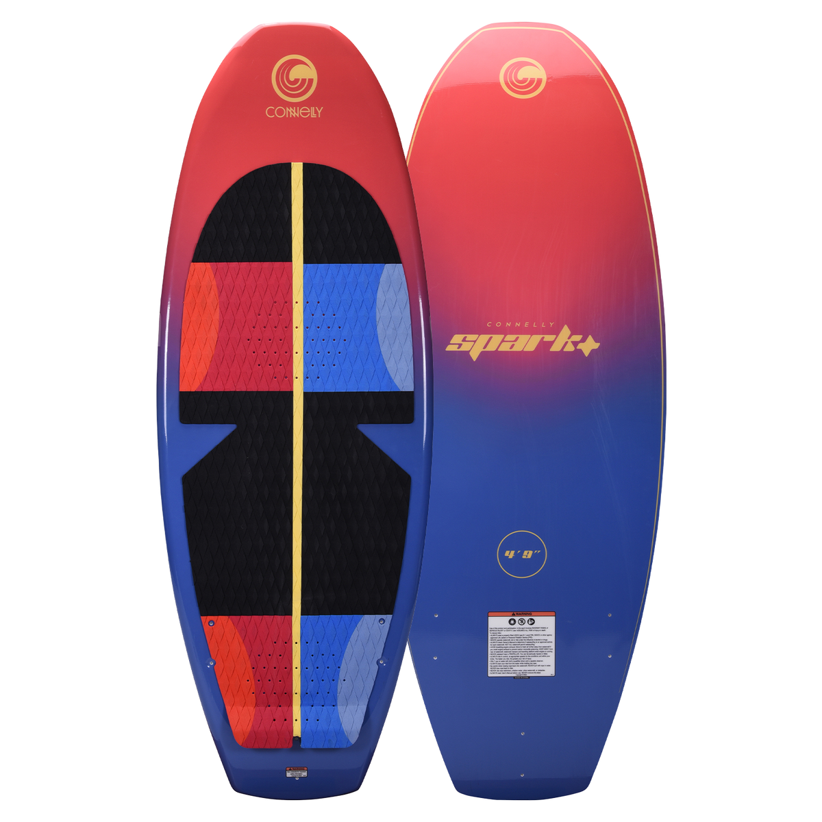 SPARK wakesurf board shown front and base view, featuring a red-to-blue gradient, black traction pad, and gold branding.