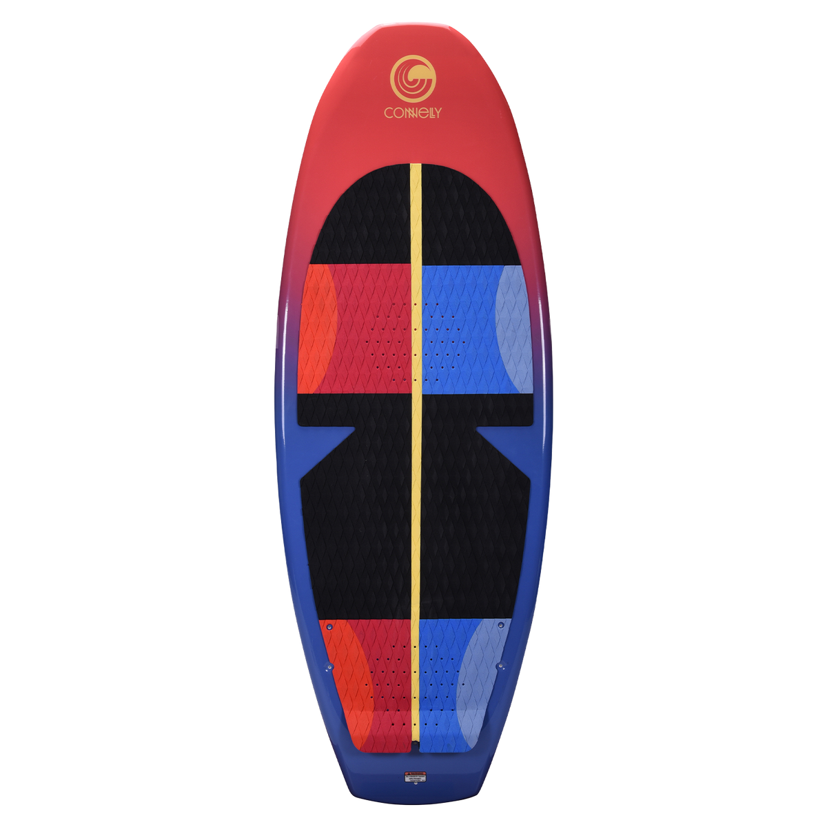 Top view of the SPARK wakesurf board with a red-to-blue gradient, black traction pad, and geometric accents.