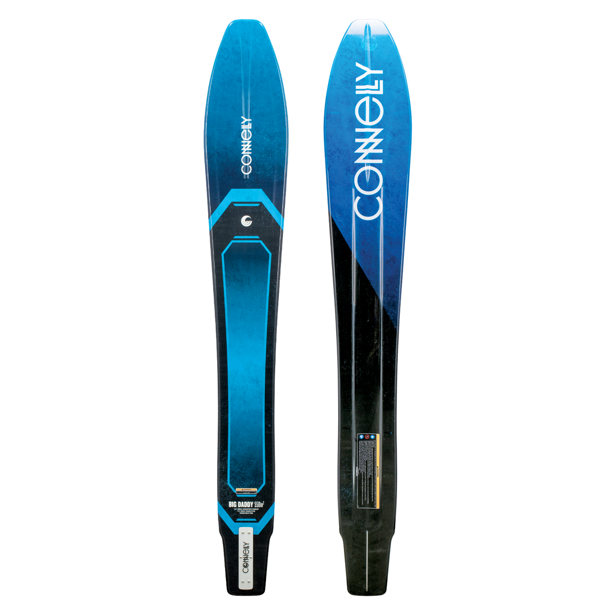 Blue and black Connelly Big Daddy water ski shown in top and base views with geometric design and logo.