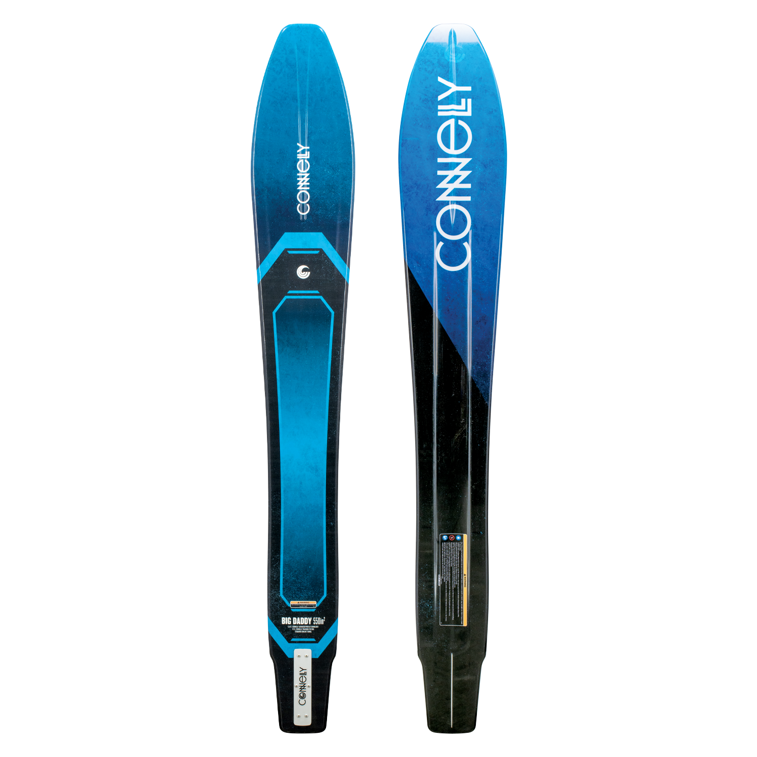 Blue and black Connelly Big Daddy water ski shown in top and base views with geometric design and logo.
