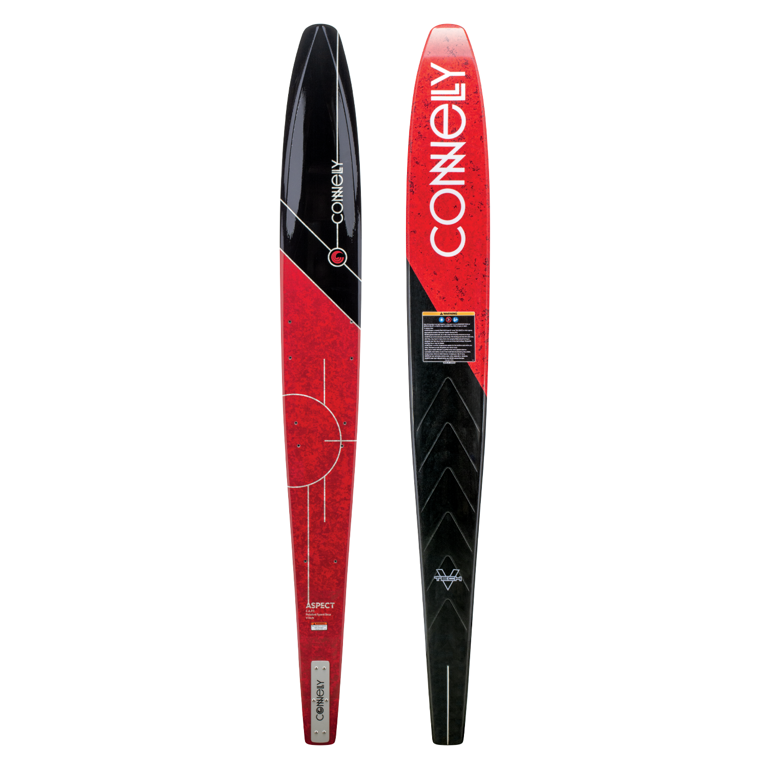 Front and back views of the Connelly Aspect water ski, showcasing its red and black color scheme.