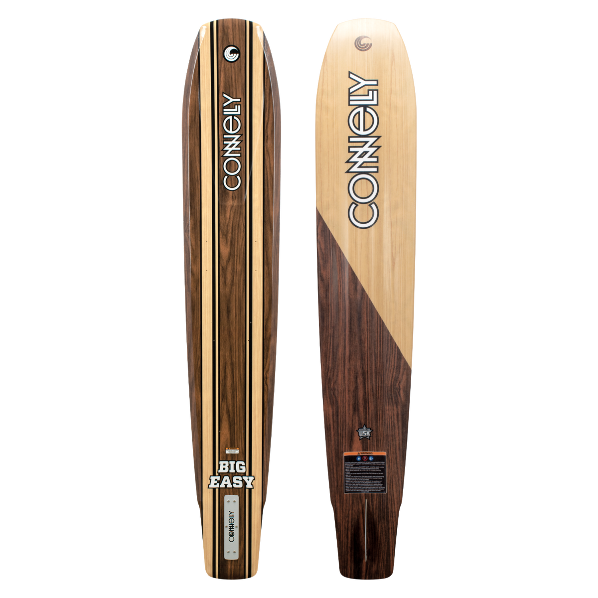 Connelly Big Easy ski, top and base view, featuring a woodgrain finish with black and yellow stripe accents.