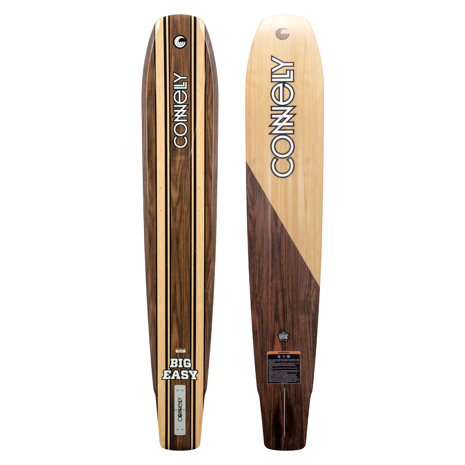 Connelly Big Easy ski, top and base view, featuring a woodgrain finish with black and yellow stripe accents.