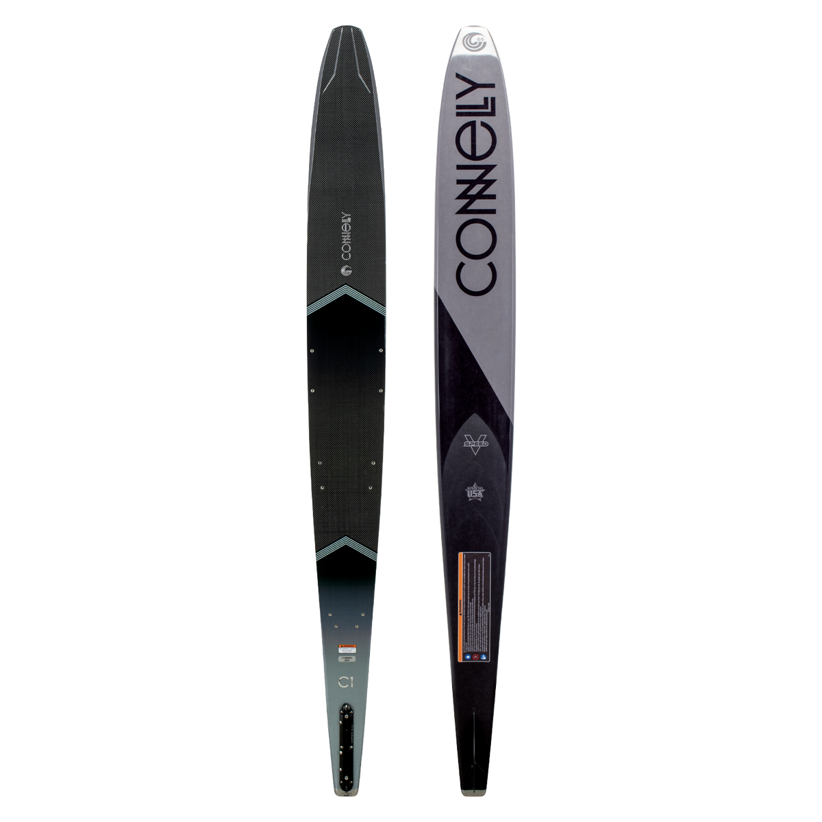 Top and base view of the C1 slalom ski featuring a sleek black and gray design, chevron pattern, and branding.
