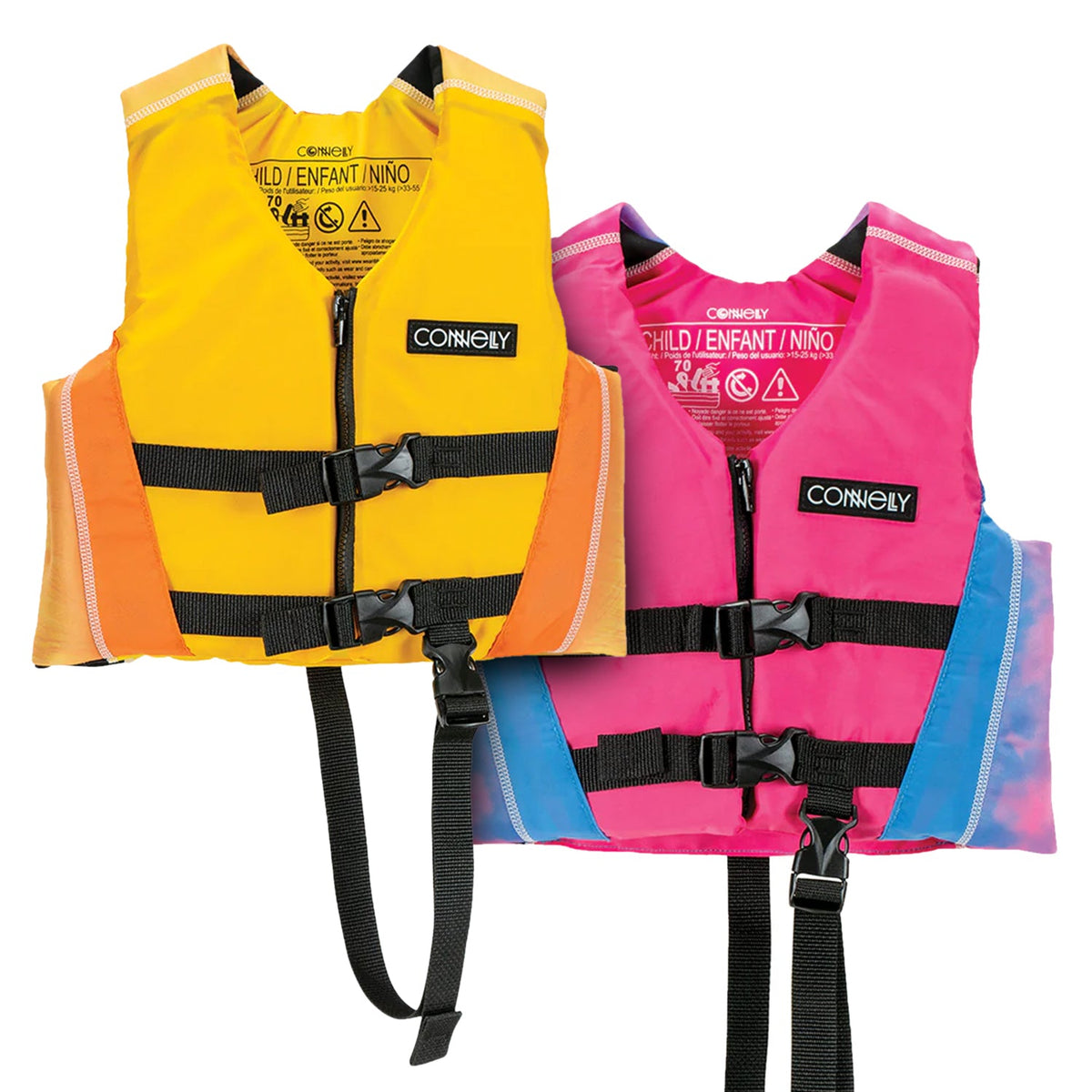 Side-by-side view of the Child Fusion Nylon life vest in yellow and pink, showing front details and safety features.
