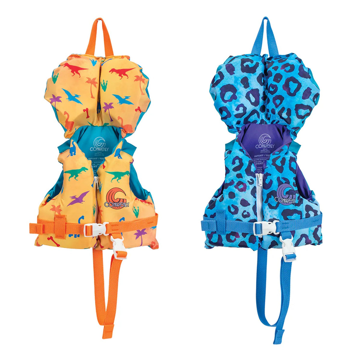 Side-by-side front views of the Infant Premium Nylon life vests in blue leopard print and dinosaur pattern.