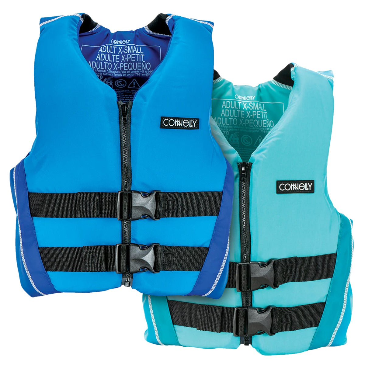 Two Teen Fusion Nylon life vests in blue and teal, featuring black adjustable straps, front zippers, and side padding.