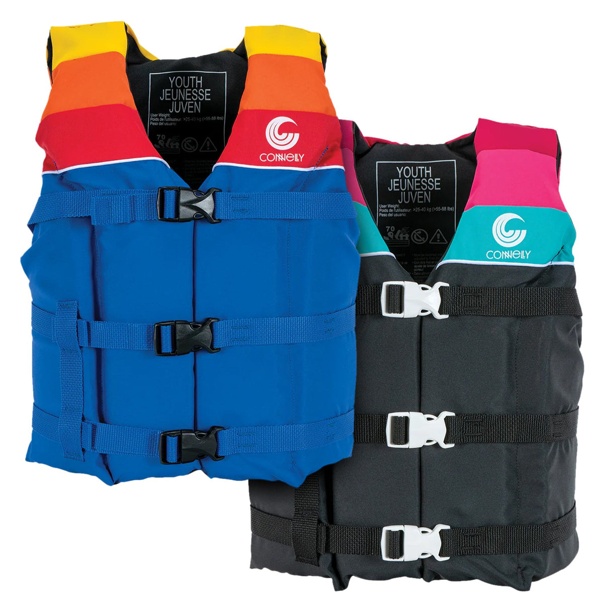 Youth Retro Nylon vests in black/pink and blue/red displayed side by side, showing both color options.