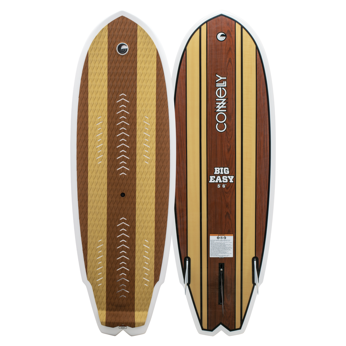 Top and base view of Big Easy wakesurfer with woodgrain, vertical stripes, traction pad, tri-fin setup, and a concave tail.
