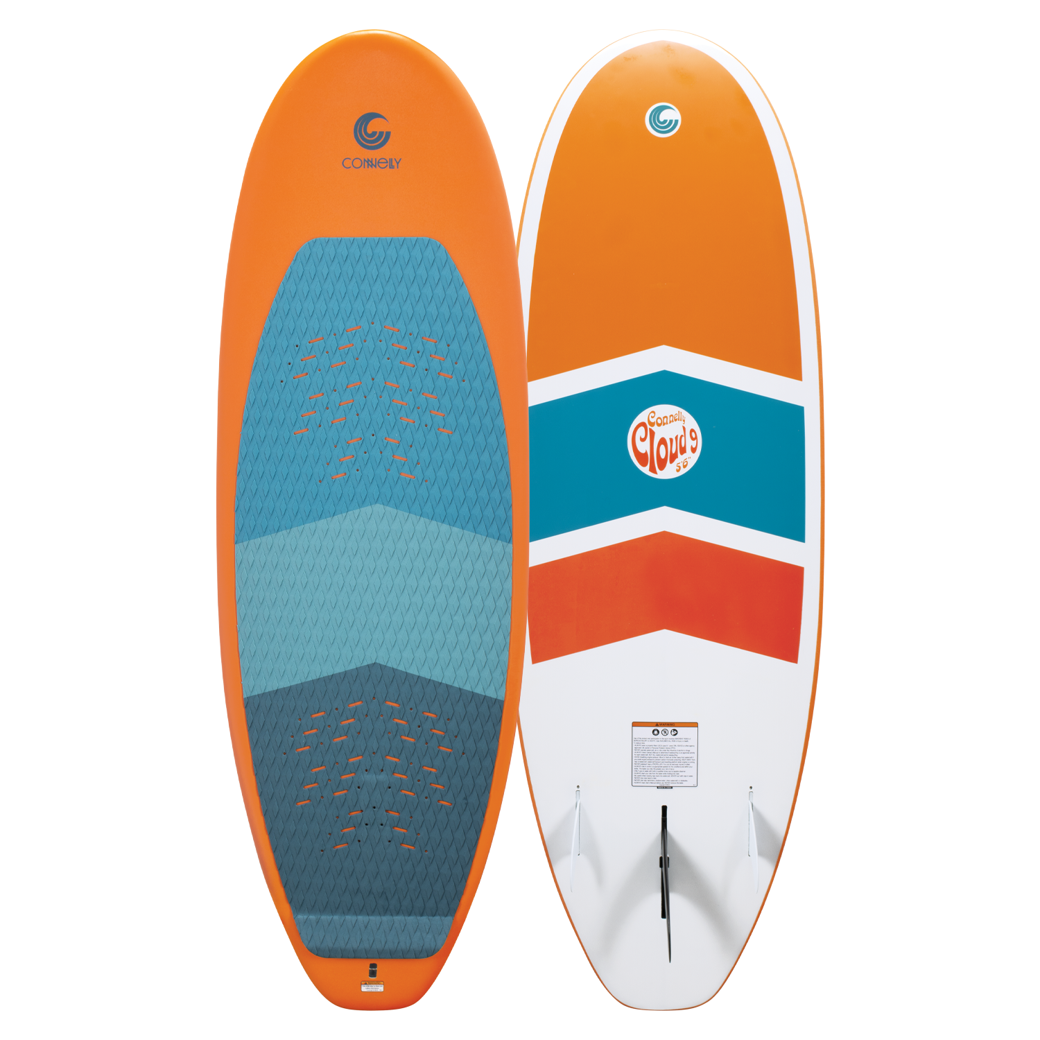 Front and back view of the Cloud 9 wakesurfer with an orange, white, and blue chevron design and a tri-fin system.