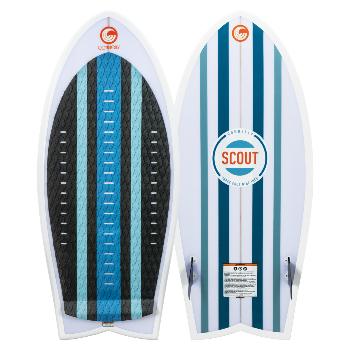 Top and base view of the Scout wakesurf board, featuring blue and white stripes with a diamond-patterned traction pad.