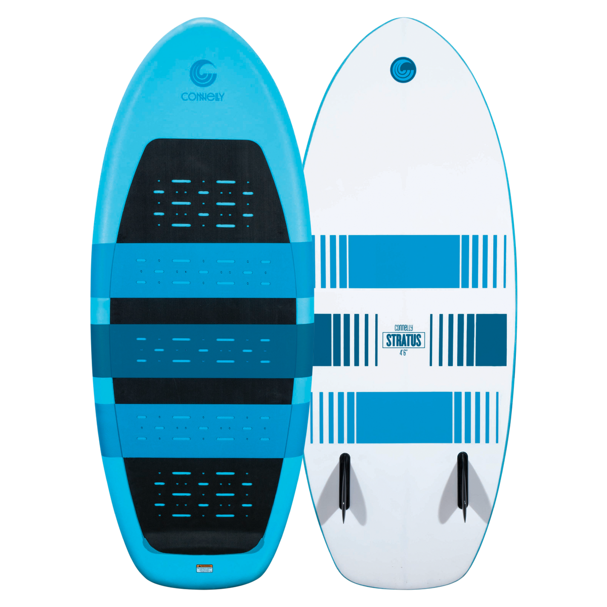 Front and back view of the Stratus wakesurf board, featuring a blue EVA foam top and a white base with blue graphic accents.