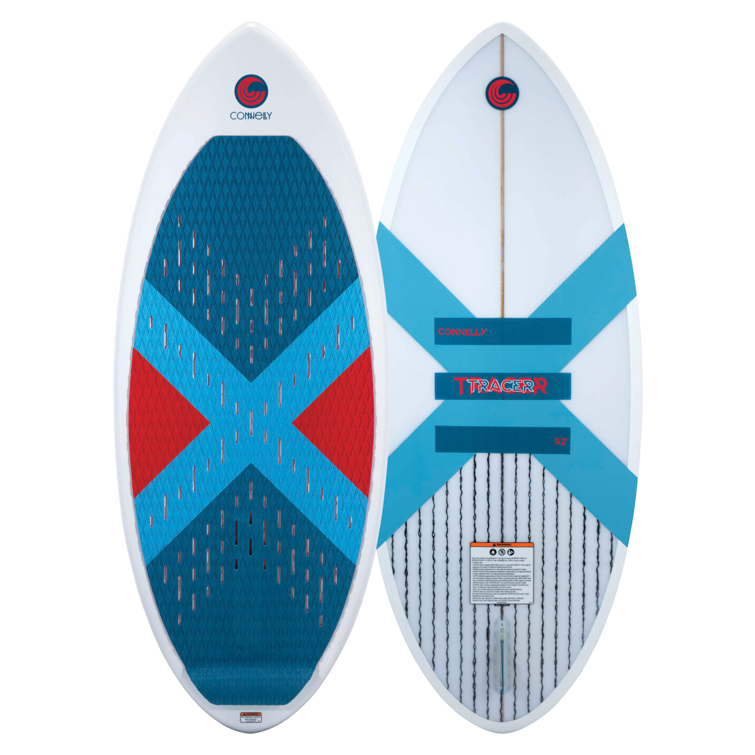 Top and base of the Tracer Skim; the top has a blue and red traction pad, while the base features a blue X-shaped graphic.