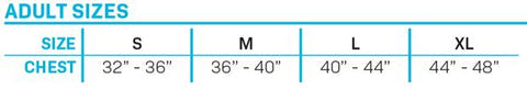 Adult size chart for the Reverb NCGA vest, displaying chest measurements from S (32"-36") to XL (44"-48").