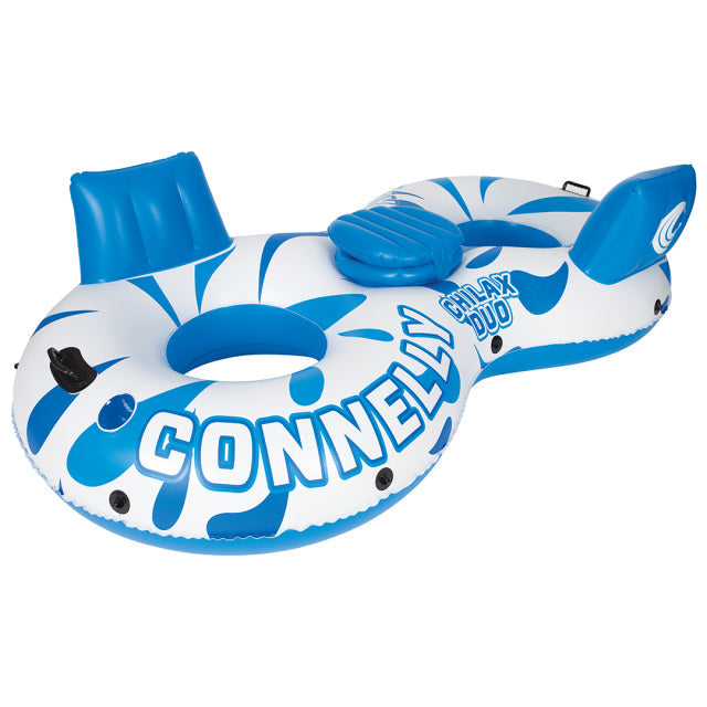 Side view of the Chilax Duo inflatable float in blue and white, featuring two seat openings, backrests, and a center cooler.