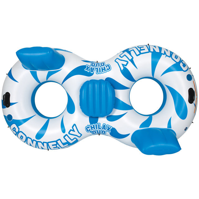 Top view of the Chilax Duo inflatable float with dual seating, backrests, a center storage compartment, and bold branding.