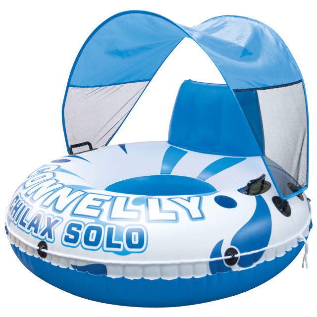 Chilax Solo inflatable tube with a blue sunshade canopy, featuring a built-in backrest and cup holders for added comfort.