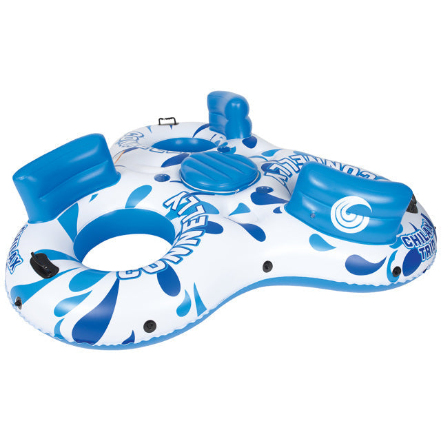 Chilax Trio inflatable float in blue and white, with three contoured seats with backrests, a central cooler, and cup holders.