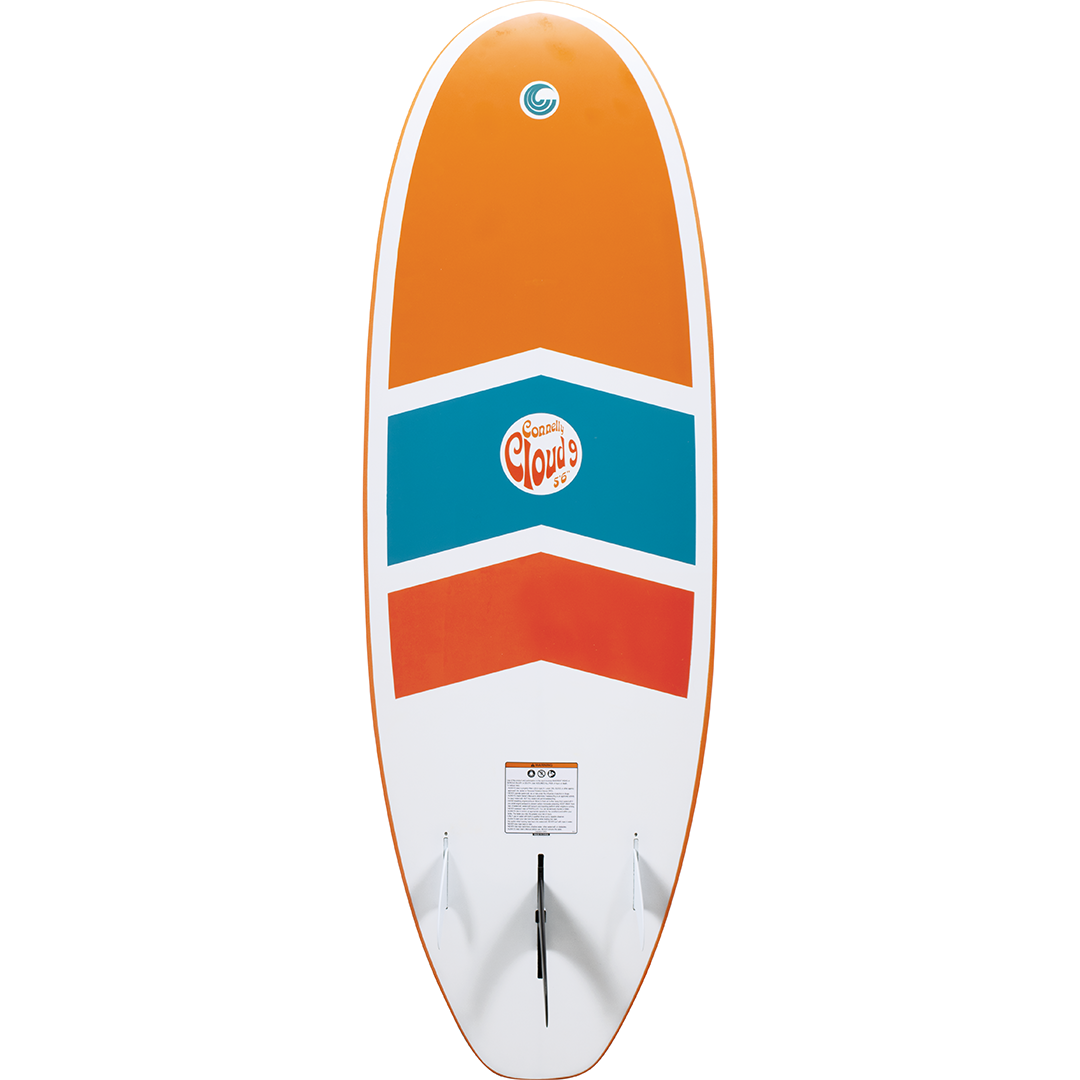 Bottom view of the Cloud 9 wakesurfer with an orange and blue chevron pattern, a center logo, and a tri-fin setup.