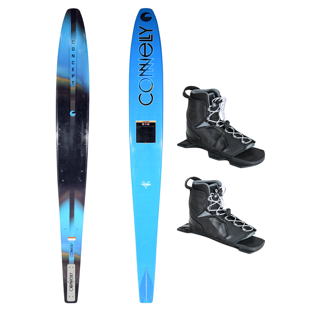 Top and bottom view of Concept ski in blue gradient with front and rear black Tempest boots.