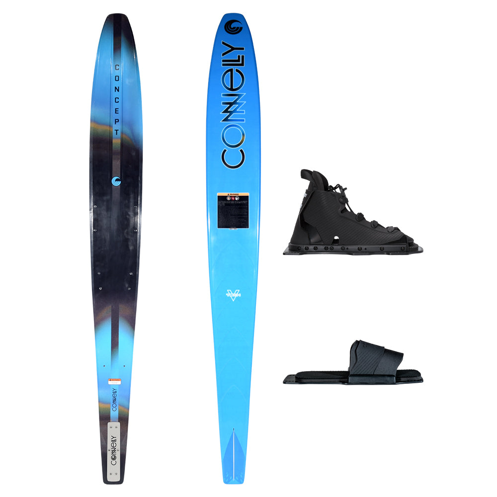Top and base view of Concept ski in blue with black Swerve front boot and rear toe plate shown separately.