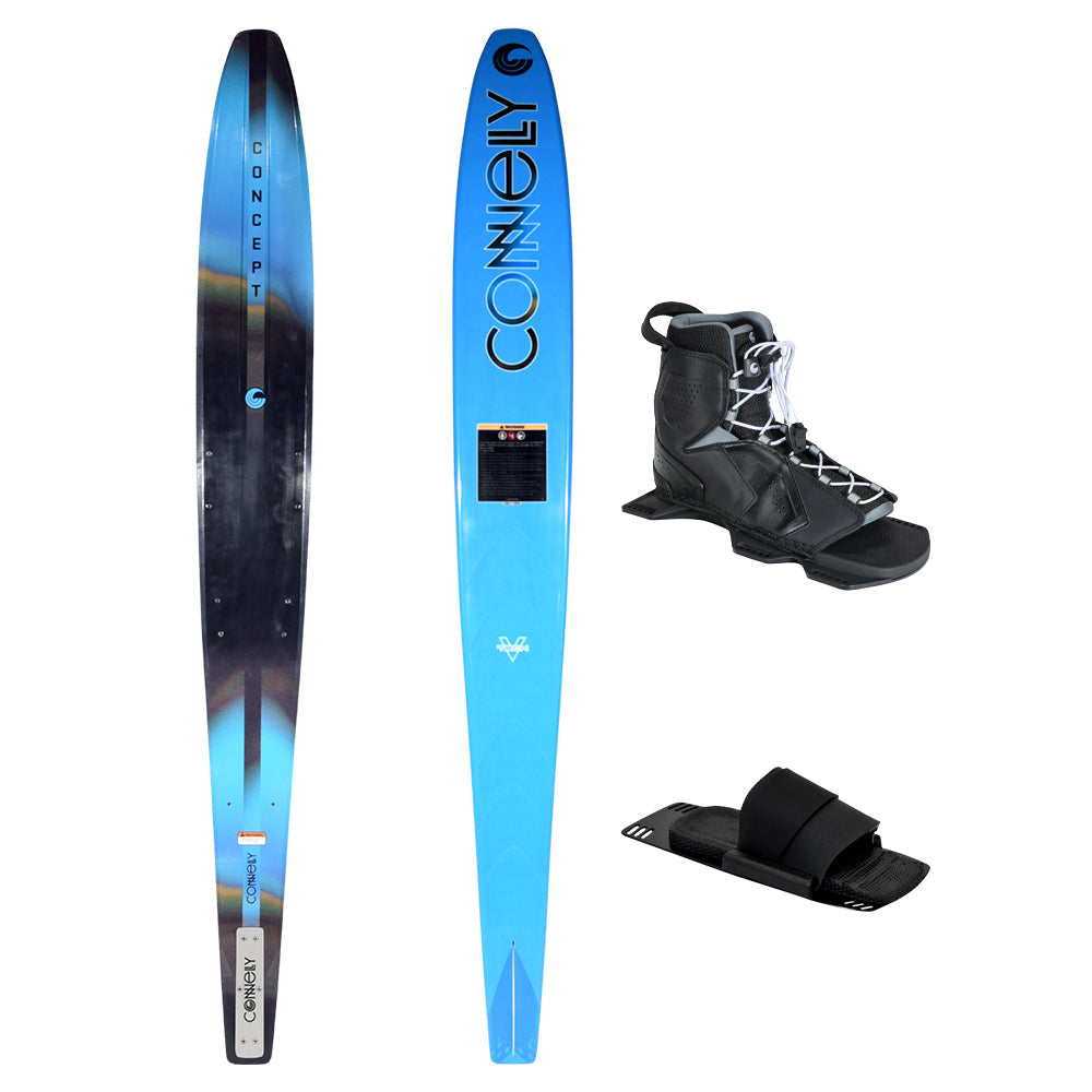 Top and bottom view of Concept ski in blue gradient with one Tempest front boot and rear toe plate.